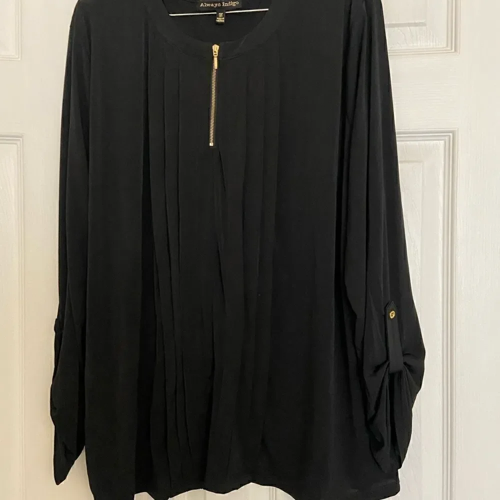 Always Indigo Long Sleeve Black Blouse Size 3X 1/4 Gold Zipper - Picture 3 of 12